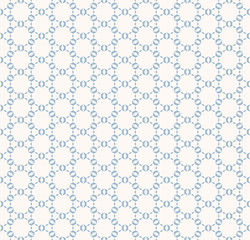 Subtle vector geometric seamless pattern. Delicate ornament with small shapes, hexagonal grid, lattice, net, mesh, weave. Ornamental background in white and light blue colors. Abstract repeat texture