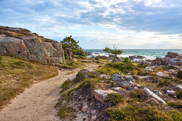 A footpath along Baltic Sea coast on the northern part of Hammeren peninsula, Bornholm island, Denmark..