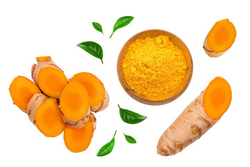 turmeric root slices isolated on white background. Top view. Flat lay