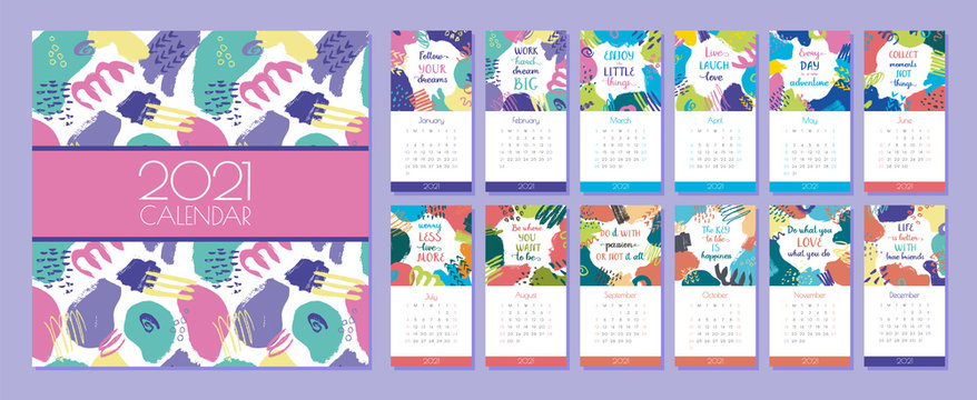 vector calendar for 2021. Editable and printable template with bright abstract elements: paint strokes, stripes, spots, dots and lettering of quotes. Planner. Set of 12 square sheets and a cover.