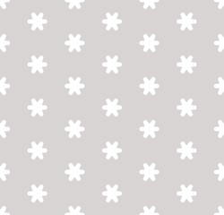 Fototapeta na wymiar Subtle minimal vector seamless pattern with small geometric flowers, snowflakes, stars. Simple light gray and white abstract texture. Winter background. Repeating design for decor, wallpapers, cloth