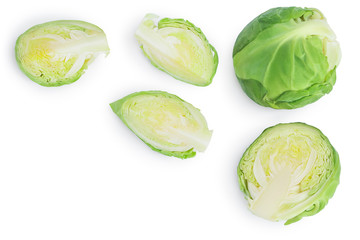 Brussels sprouts half isolated on white background with clipping path and full depth of field. Top view with copy spase for your text. . Flat lay