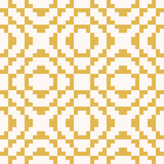Vector geometric traditional folk ornament. Fair isle seamless pattern. Ethnic motif. Ornamental background with squares, crosses, embroidery, knitting. Yellow and beige color. Repeatable texture