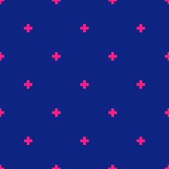 Fototapeta na wymiar Vector minimalist geometric seamless pattern with small crosses, squares, flower silhouettes. Texture in dark blue and magenta color. Simple abstract minimal repeated background. Decorative design