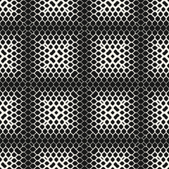 Vector geometric halftone seamless pattern with small fading shapes, petals, leaves, mesh. Black and white abstract background with gradient transition effect. Monochrome texture. Repeating design