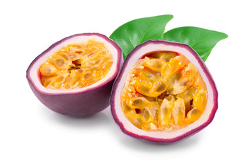half of passion fruits with leaves isolated on white background. Isolated maracuya