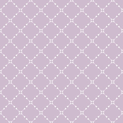 Vector geometric floral seamless pattern with delicate grid, net, mesh, lattice, small flower shapes. Subtle abstract lilac and white background. Elegant ornament texture. Cute minimal repeat design