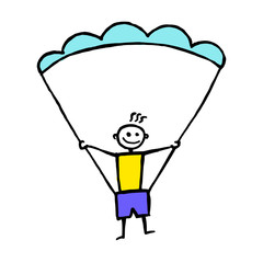 Happy tourist stickman on a parachute feeling safe. Summer vacation hand drawn illustration.