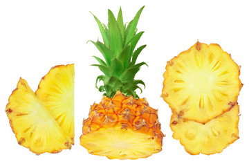 pineapple half with slice isolated on white background with full depth of field. Top view. Flat lay