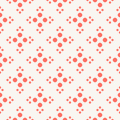 Simple vector minimalist seamless pattern. Coral and white colored polka dot geometric texture. Abstract minimal background with small circles, tiny dots, floral shapes. Cute repeat design for decor