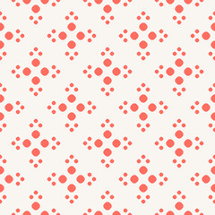 Simple vector minimalist seamless pattern. Coral and white colored polka dot geometric texture. Abstract minimal background with small circles, tiny dots, floral shapes. Cute repeat design for decor