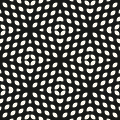 Vector seamless mesh pattern. Simple black and white geometric texture. Monochrome background with curved grid, tissue, net, small leaves, petals. Abstract minimalist repeat design for decor, print