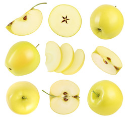 yellow apple with half isolated on white background with clipping path and full depth of field. Top view. Flat lay. Set or collection