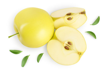 yellow apple with half isolated on white background with clipping path and full depth of field. Top view. Flat lay.