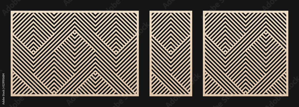 Poster laser cut panel set. vector template with abstract geometric pattern, lines, stripes, chevron. decor