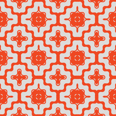 Vector geometric seamless pattern with wavy shapes, curved lines, crosses, grid. Simple abstract texture in orange and gray color. Repeatable ornament. Stylish modern design for decor, tileable print