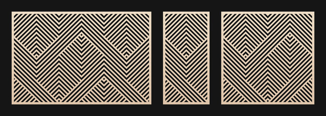 Laser cut panel set. Vector template with abstract geometric pattern, lines, stripes, chevron. Decorative stencil for laser cutting of wood, metal, plastic, decor element. Aspect ratio 3:2, 1:2, 1:1