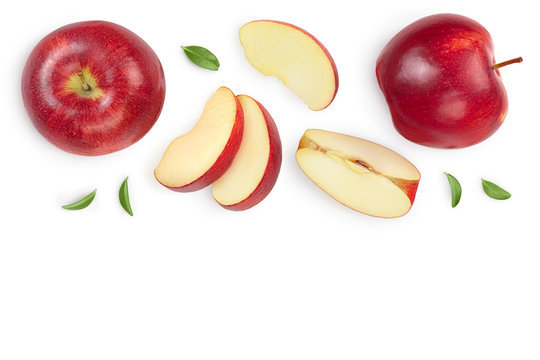 Red apple with half isolated on white background with clipping path and full depth of field. Top view. Flat lay with copy space for your text