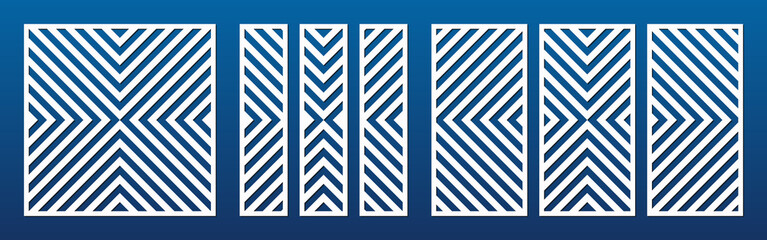 Laser cut panel set. Vector template with abstract geometric pattern, diagonal lines, stripes. Decorative stencil for laser cutting of wood, metal, engraving, fretwork. Aspect ratio 1:1, 1:2, 1:4