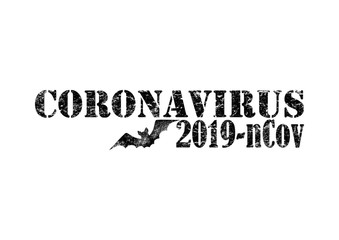 Coronavirus 2019-nCoV black lettering with hand drawn bat isolated on white background