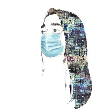 Mixed media collage. Beautiful woman portrait with protection face mask