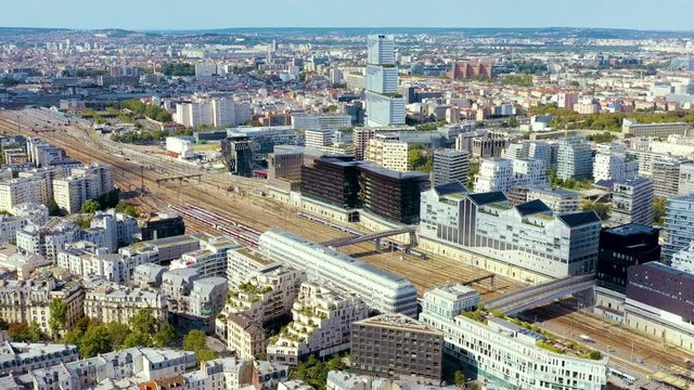 PARIS, FRANCE - MAY, 2019: Aerial drone view of Paris city centre. Historical part of the city with sights.