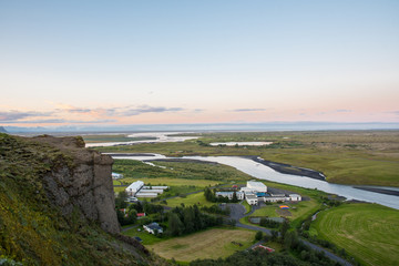 View over town of Kirkubaejarklaustur and Skafta river in south Iceland