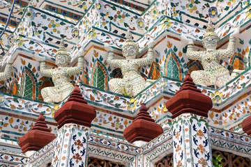 Close up of the intricate design & figures decorating Wat Arun, or the Temple of Dawn, Bangkok,...
