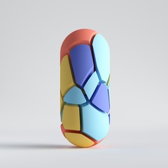 3d render. Split geometric object isolated on white background. Abstract random colorful mosaic pieces, broken capsule, cracked surface. Blue red yellow elements. Minimal design