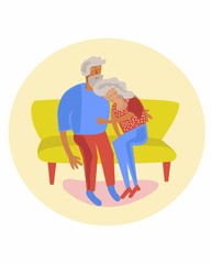 grandfather and grandmother are sitting on a yellow sofa