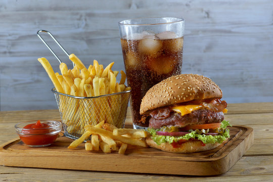 Burger with French fries and Cola