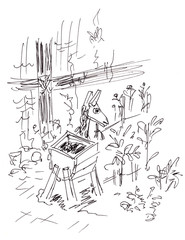 graphic black and white drawing donkey garden wooden decoration