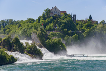 View of the Rhine River waterfalls (Rheinfall) in Switzerland, they are the biggest waterfall in central Europe
