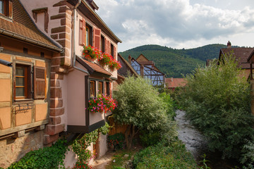 Fototapeta na wymiar View of one of the most beautiful villages in France, Kaysersberg, in the Alsace area.