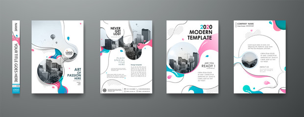 Portfolio geometric design vector set. Abstract blue liquid graphic gradient circle shape on cover book presentation. Minimal brochure layout and modern report business flyers poster template. - obrazy, fototapety, plakaty