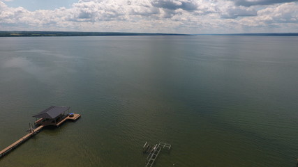 Aerial view of dock on lakeshore