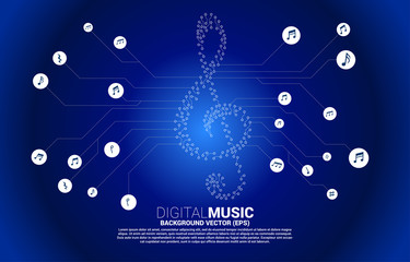 Vector sol music key note from dot connect line circuit board style. Concept background for song and concert theme.