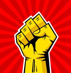 Fist male hand, symbol of the proletarian revolution. Yellow strong fist on red background. Sign of anger, strength, protest, fight. Illustration, vector