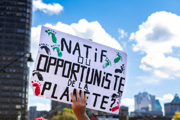 A creative French seen is seen up close during a climate change rally, asking native or opportunist...