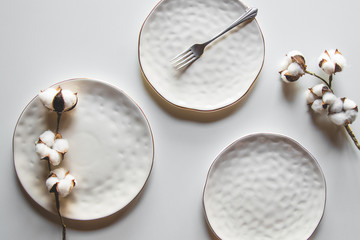 Fototapeta na wymiar Beautiful plates on a white background with cotton. Beautiful layout