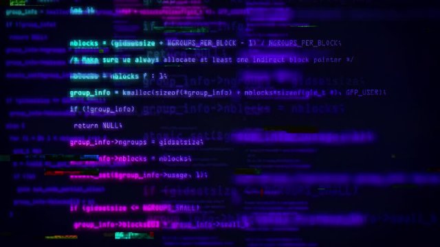 Glitch error. Blocks of abstract program code are written and moved in the virtual space. Blue and purple code. Data flow animation. Software development and hacking concept. encrypted security code