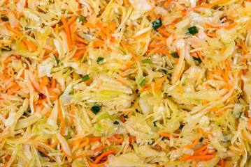 Snack of fresh cabbage with grated carrots, green onions and vegetable oil. Texture