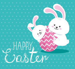 Obraz na płótnie Canvas happy easter card with cute rabbits and egg vector illustration design