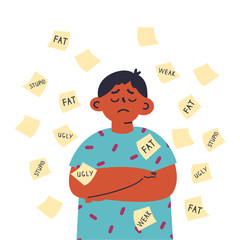 Bullying among teenagers.Sad boy with offensive inscriptions on stickers.Conflicts between kids,violence at school.Flat cartoon character isolated on white background.Colorful vector illustration.