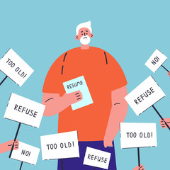 Age discrimination.Senior job candidate with resume.Refusal to work for an old man.Employment problem of seniors.Ageism social problem, stop ageism, elderly employment difficulties concept.Vector 