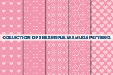 Set of 5 abstract background texture. Dot and heart shape seamless pattern. Minimal style vector illustration forwallpaper, flyer, cover, design. Bubble circle geometric ornament, decorative element