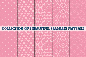 Set of 5 abstract background texture. Dot and heart shape seamless pattern. Minimal style vector illustration forwallpaper, flyer, cover, design. Bubble circle geometric ornament, decorative element