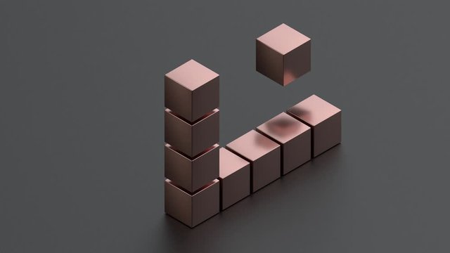 3D rendering of a matte background with noise and pixels and flickering. A figure of an impossible triangle made of metal blocks is collected above the surface. The triangle splits into segments. Abst