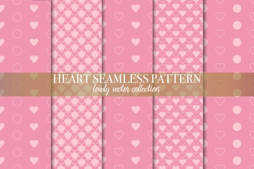 Set of 5 abstract background texture. Dot and heart shape seamless pattern. Minimal style vector illustration forwallpaper, flyer, cover, design. Bubble circle geometric ornament, decorative element