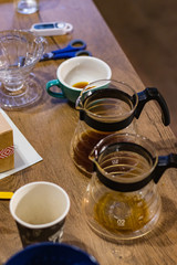 Obraz na płótnie Canvas Glasses with brewed coffee. Stylish accessories and items for alternative coffee